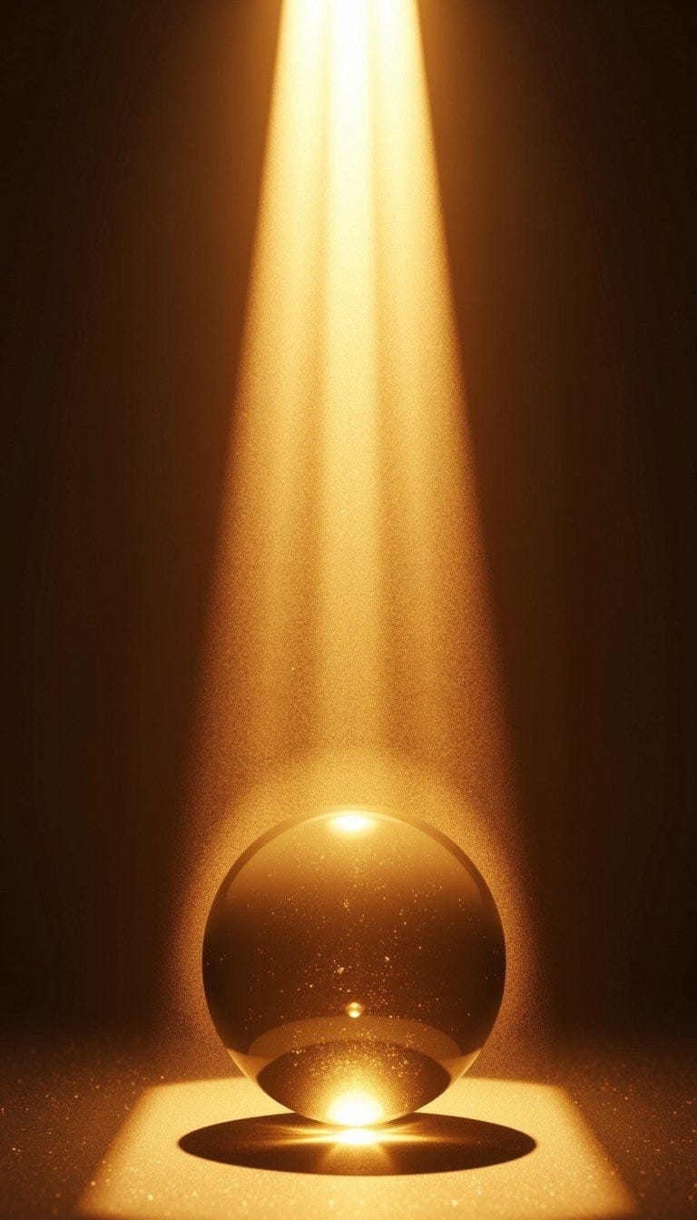 A translucent sphere sits majestically in a powerful beam of golden light descending from above. The warm illumination creates a stunning contrast against the deep darkness surrounding it. Light particles dance around the orb, casting a magical glow that reflects off the surface below. The minimalist 3D composition evokes a sense of tranquility and wonder, as if capturing a moment of divine illumination. Subtle gradients within the sphere interact with the light, creating depth and dimension in this ethereal geometric abstraction.
