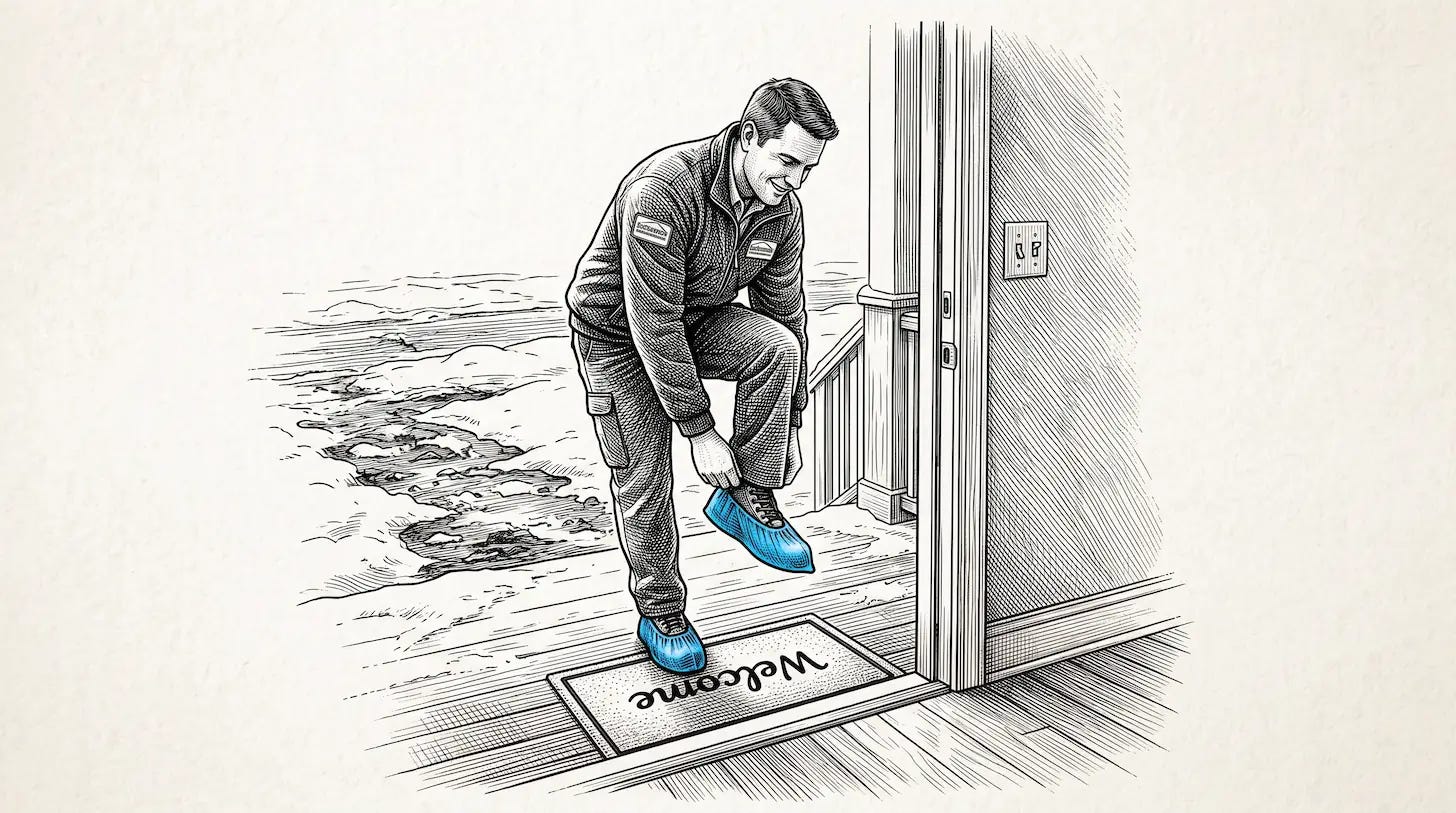 residential service technician puts on booties before entering customer home through sliding glass doorway