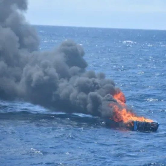 This cartel cocaine smuggling boat was set afire by the US Coast Guard after its drugs & crew were seized on August 16, 2025. This cartel cocaine smuggling boat was set afire by the US Coast Guard after its drugs & crew were seized on August 16, 2025.