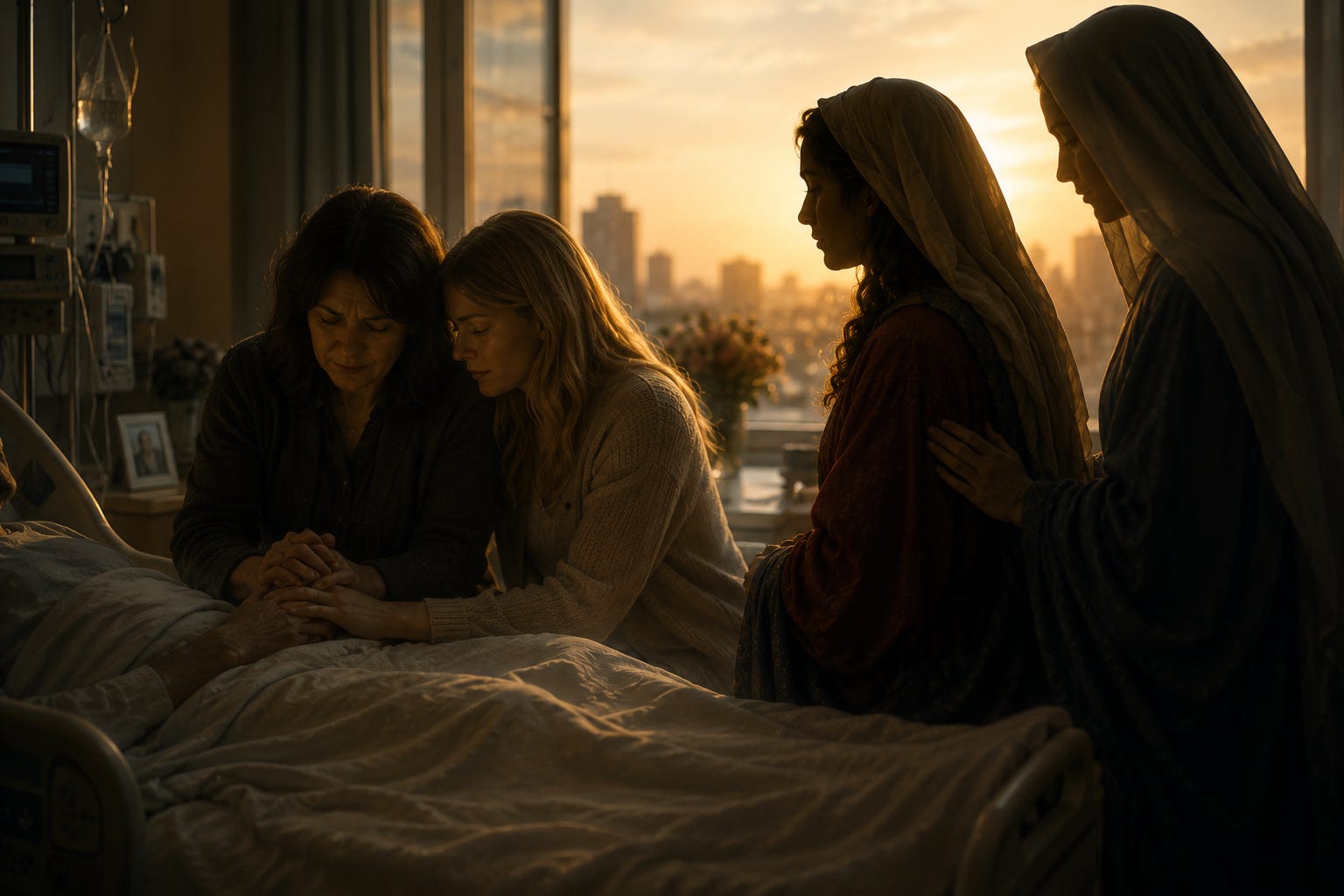 A wife and daughter hold the hand of a dying loved one as Mary Magdalene and the Blessed Virgin stand beside them in prayer. A wife and daughter hold the hand of a dying loved one as Mary Magdalene and the Blessed Virgin stand beside them in prayer.