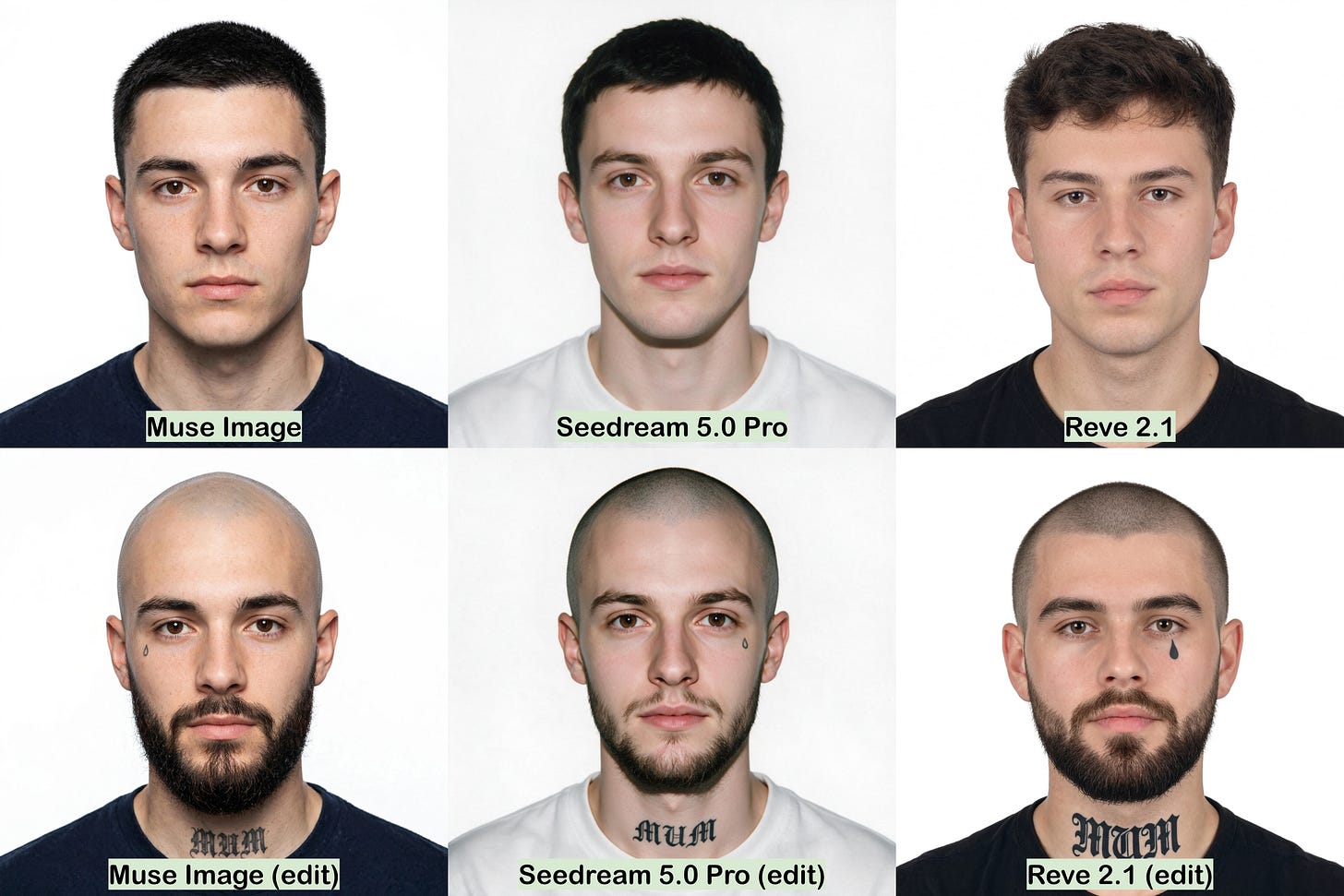A grid of six images; the top row shows three young white men, clean shaven with dark hair; the lower row shows the same three men with shaved heads, beards, and tattoos A grid of six images; the top row shows three young white men, clean shaven with dark hair; the lower row shows the same three men with shaved heads, beards, and tattoos