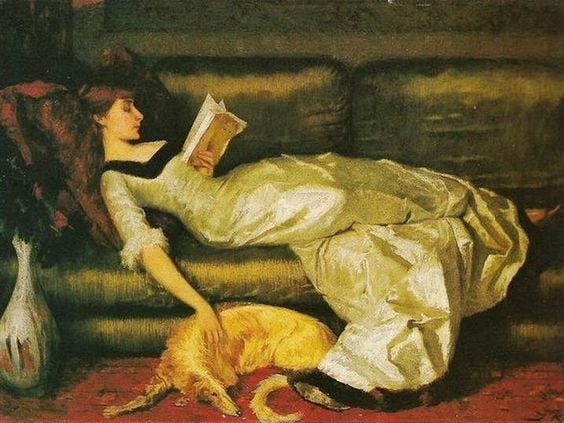 This may contain: a painting of a woman laying on a couch next to a dog and reading a book This may contain: a painting of a woman laying on a couch next to a dog and reading a book