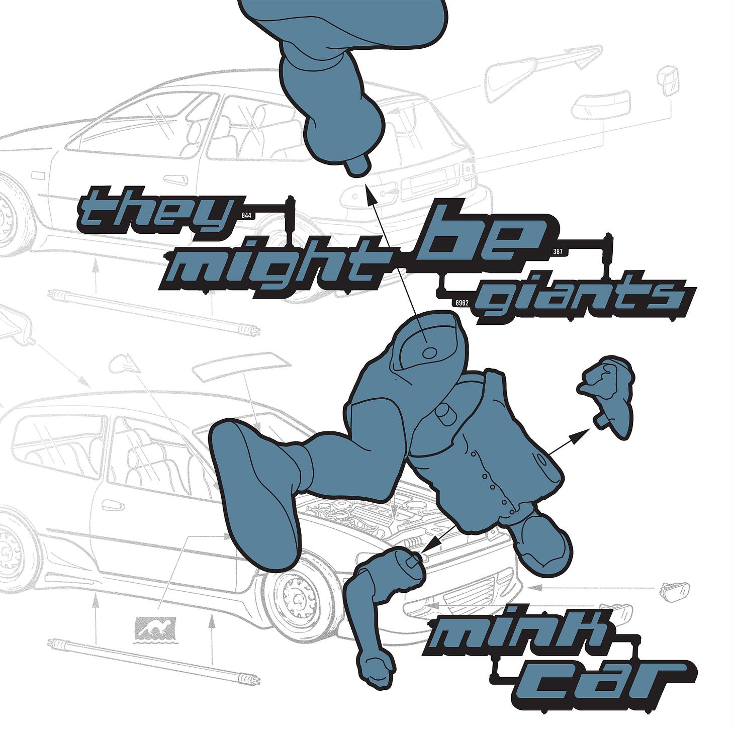 Album cover for They Might Be Giants' Mink Car. A blueprint-style illustration shows a disassembled, blue exploded-view figure of a person in a jumpsuit — head, torso, arms, legs, and boots broken apart with instructional arrows and part numbers — floating above a faint line-drawing schematic of a car chassis. The band name appears in bold black-and-blue lettering at top, with 'mink car' in matching style at bottom right. Album cover for They Might Be Giants' Mink Car. A blueprint-style illustration shows a disassembled, blue exploded-view figure of a person in a jumpsuit — head, torso, arms, legs, and boots broken apart with instructional arrows and part numbers — floating above a faint line-drawing schematic of a car chassis. The band name appears in bold black-and-blue lettering at top, with 'mink car' in matching style at bottom right.