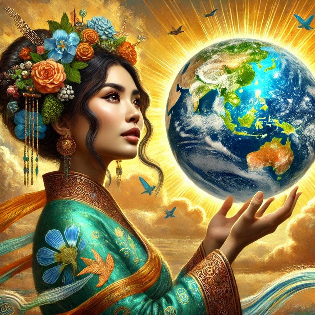 asian lady earth looking into 2025 for a fight and a bright future against climate change. make it look artsy