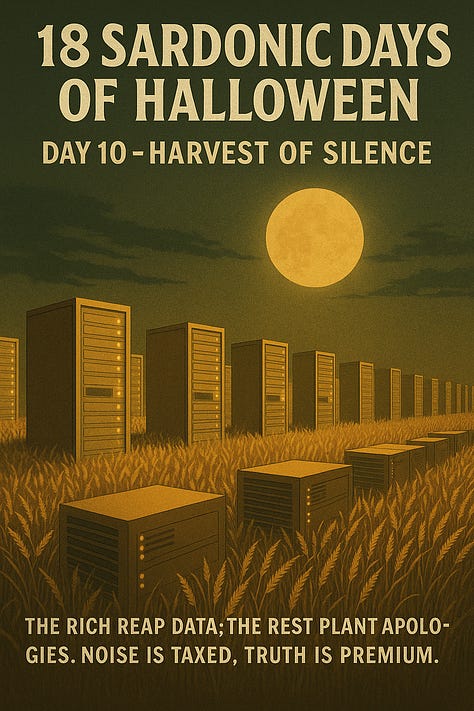 Data Harvest Festival: Pilgrims gather sheaves of USB stalks from a cloud-server field — a thanksgiving for information turned commodity.  Final Ad Buy: A judge’s gavel crushes a human heart tagged “SOLD,” symbolizing the auctioning of empathy.