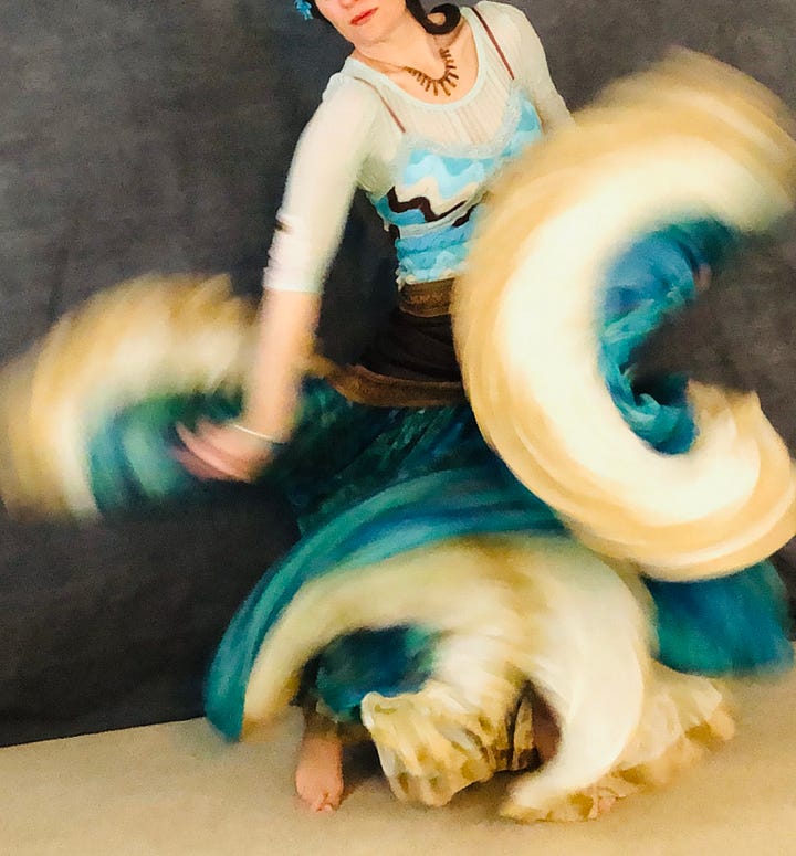 Skirts in motion with stark swirls and curls drawn with a contrasting under layer or edge.