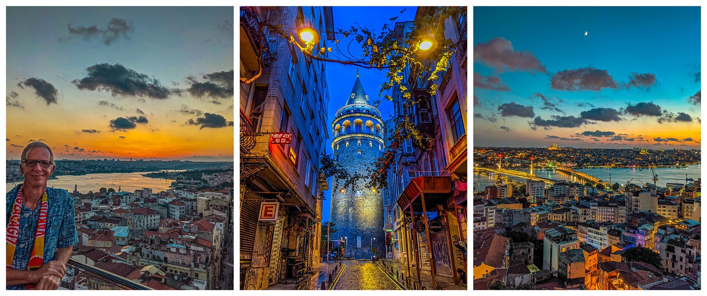 Michael on top of Galata Tower, the Golden Horn behind him, a photo of Galata Tower at night, and another view from the top of the tower. 