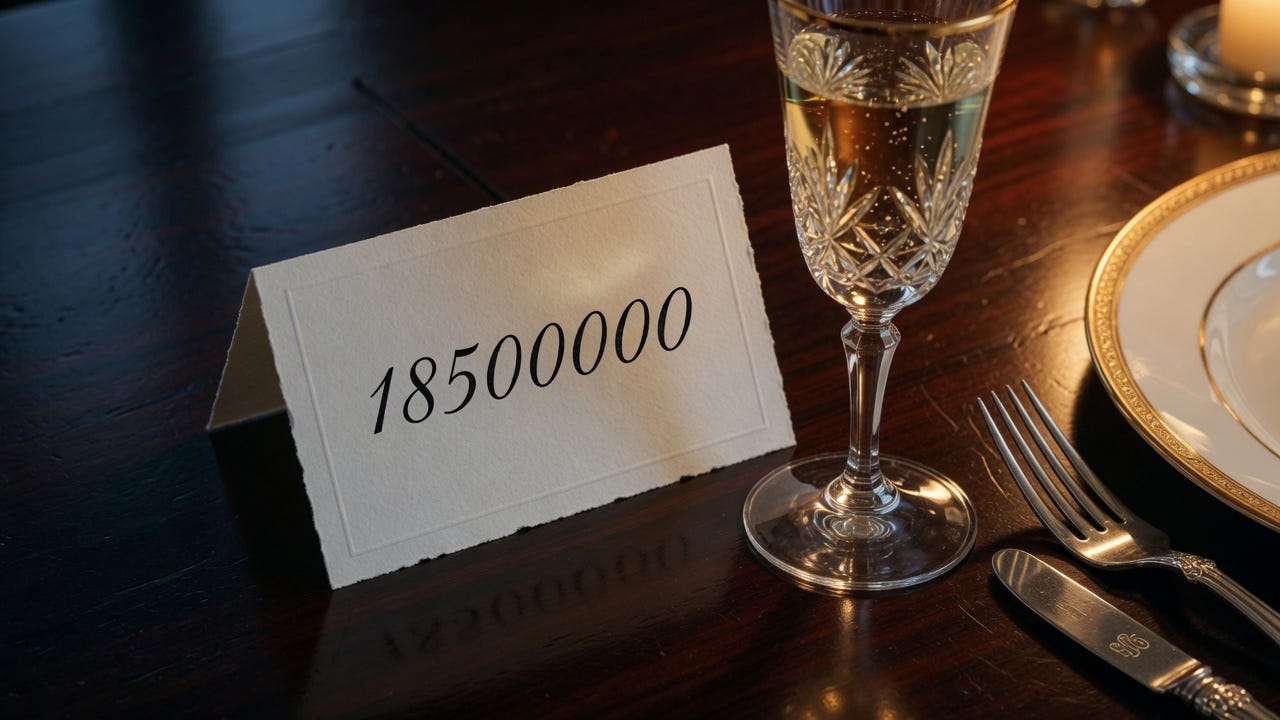 : A formal white place card bearing the number 18500000 rests against a crystal champagne flute at a dark dinner table set with gold-rimmed china and sterling silverware, representing Justin Sun's $18.5 million position as the top $TRUMP memecoin holder at Trump's May 22, 2025 Presidential dinner. : A formal white place card bearing the number 18500000 rests against a crystal champagne flute at a dark dinner table set with gold-rimmed china and sterling silverware, representing Justin Sun's $18.5 million position as the top $TRUMP memecoin holder at Trump's May 22, 2025 Presidential dinner.