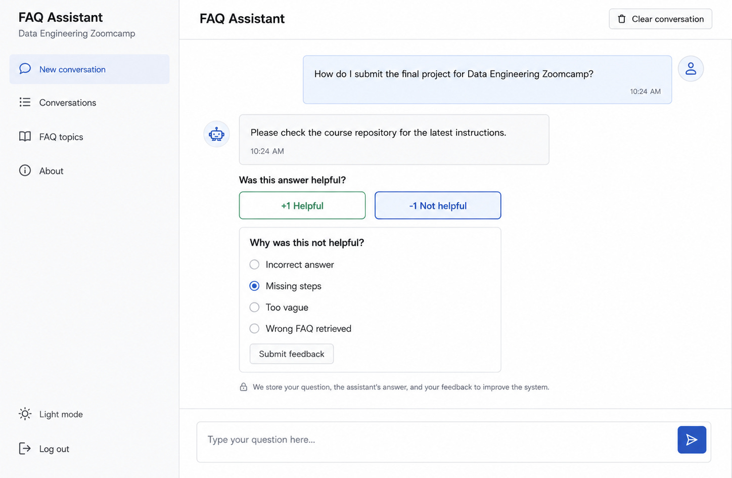 Deployed FAQ assistant answering a user question in Slack, with thumbs up and thumbs down buttons for collecting feedback on the answer