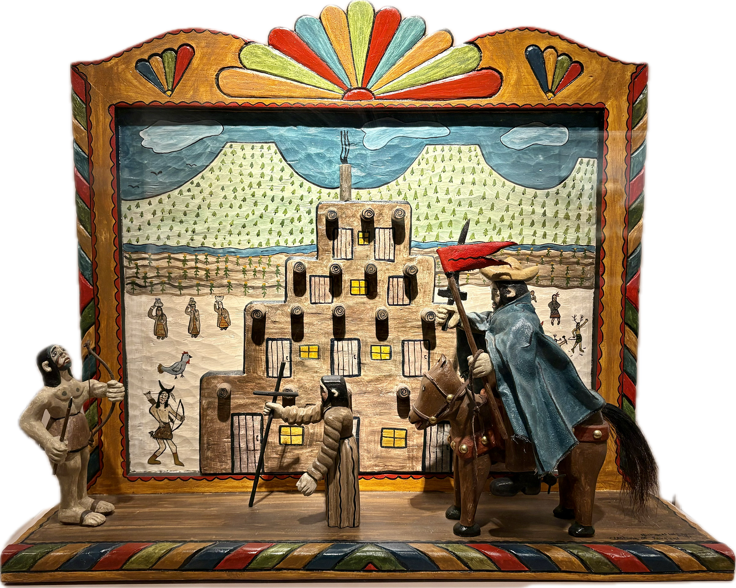 Indigenous warrior meets priest and Conquistador