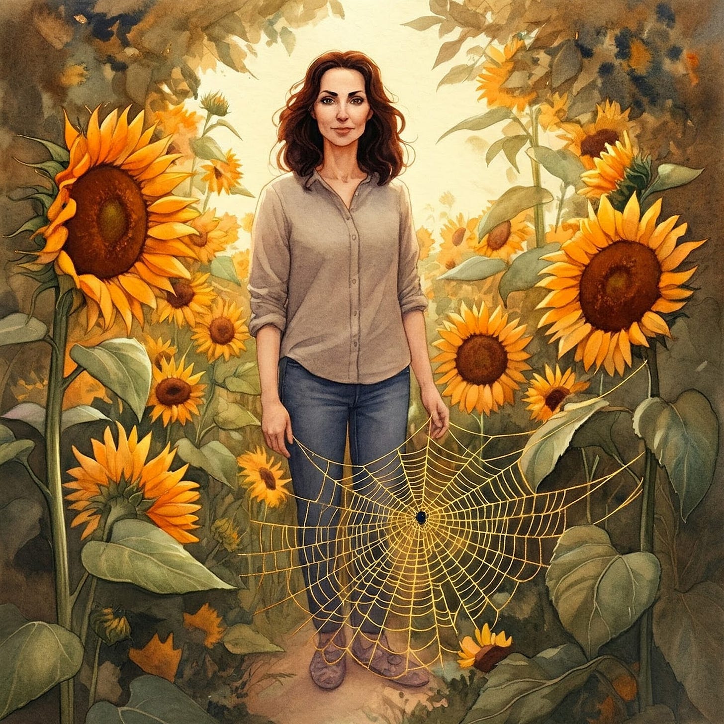 Image of Nanette Malbreaux in her garden of sunflowers with a golden orb spider web
