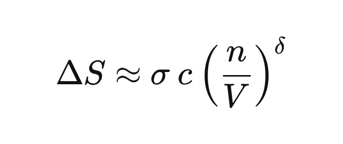 \Delta S \approx \sigma\, c\left(\frac{n}{V}\right)^{\delta} \Delta S \approx \sigma\, c\left(\frac{n}{V}\right)^{\delta}