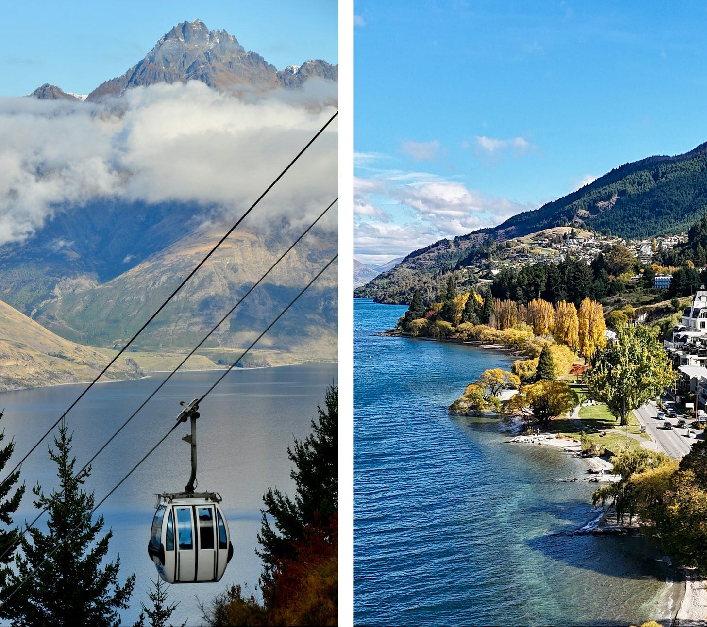 Left: Skyline Gondola cabin above Queenstown, with Lake Wakatipu and mountains in the background. Right: Queenstown lakefront along Marine Parade, showing trees in autumn colours beside the blue water.