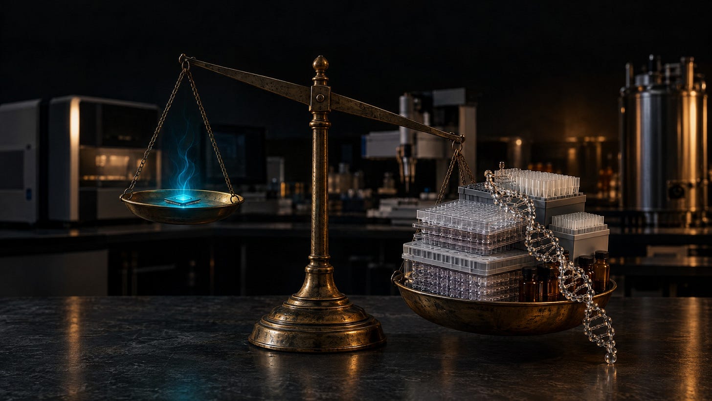 An illustration of an antique brass balance scale on a dark laboratory bench. The raised pan holds a single small microchip glowing cyan. The other pan sits much lower, stacked with clear microplates, pipette tip racks and amber vials, with a strand of glass-bead DNA spilling over its rim onto the bench. An illustration of an antique brass balance scale on a dark laboratory bench. The raised pan holds a single small microchip glowing cyan. The other pan sits much lower, stacked with clear microplates, pipette tip racks and amber vials, with a strand of glass-bead DNA spilling over its rim onto the bench.
