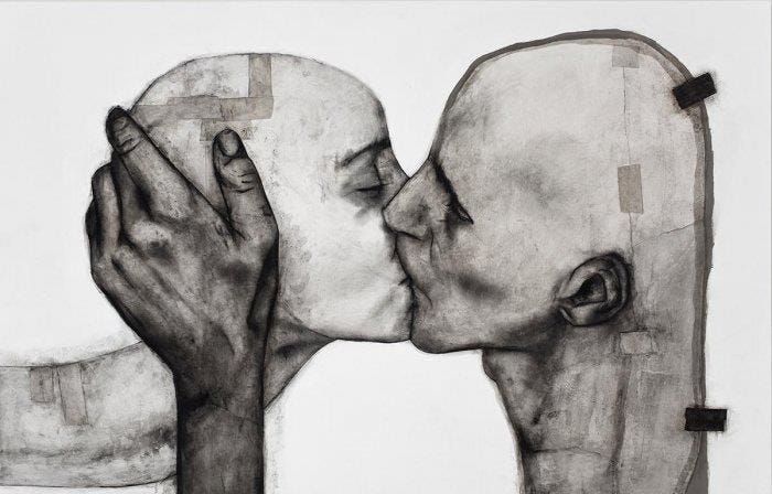 This may contain: a drawing of two people kissing each other with their hands on the face and nose