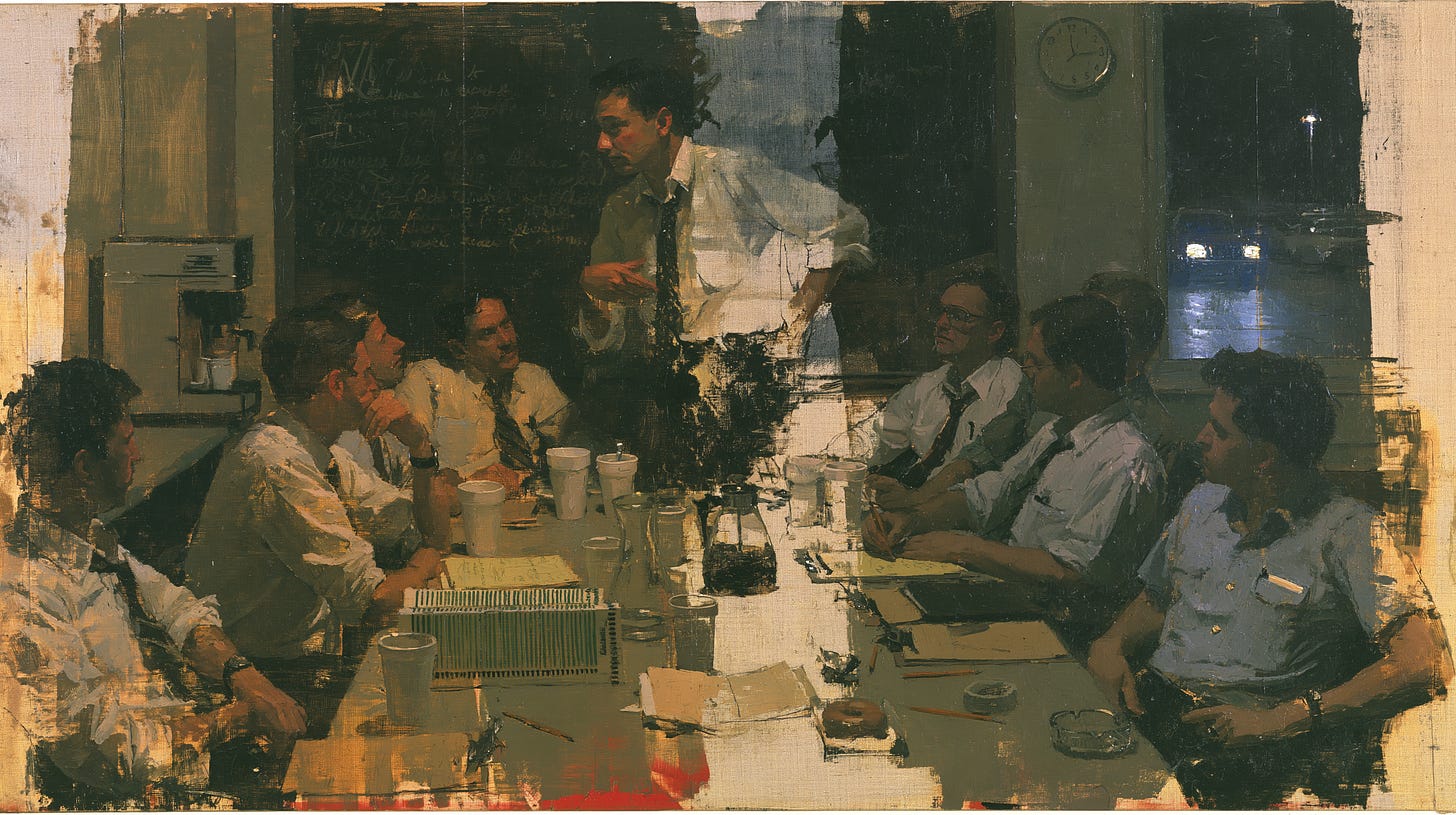 Painterly Saturday meeting in Arkansas before dawn, with a workman seated at the far right. Painterly Saturday meeting in Arkansas before dawn, with a workman seated at the far right.