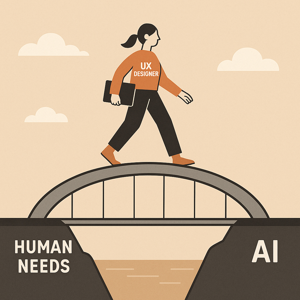 Illustration of a person, labled UX Designer, walking over a bridge between two land areas labeled Human Needs and AI