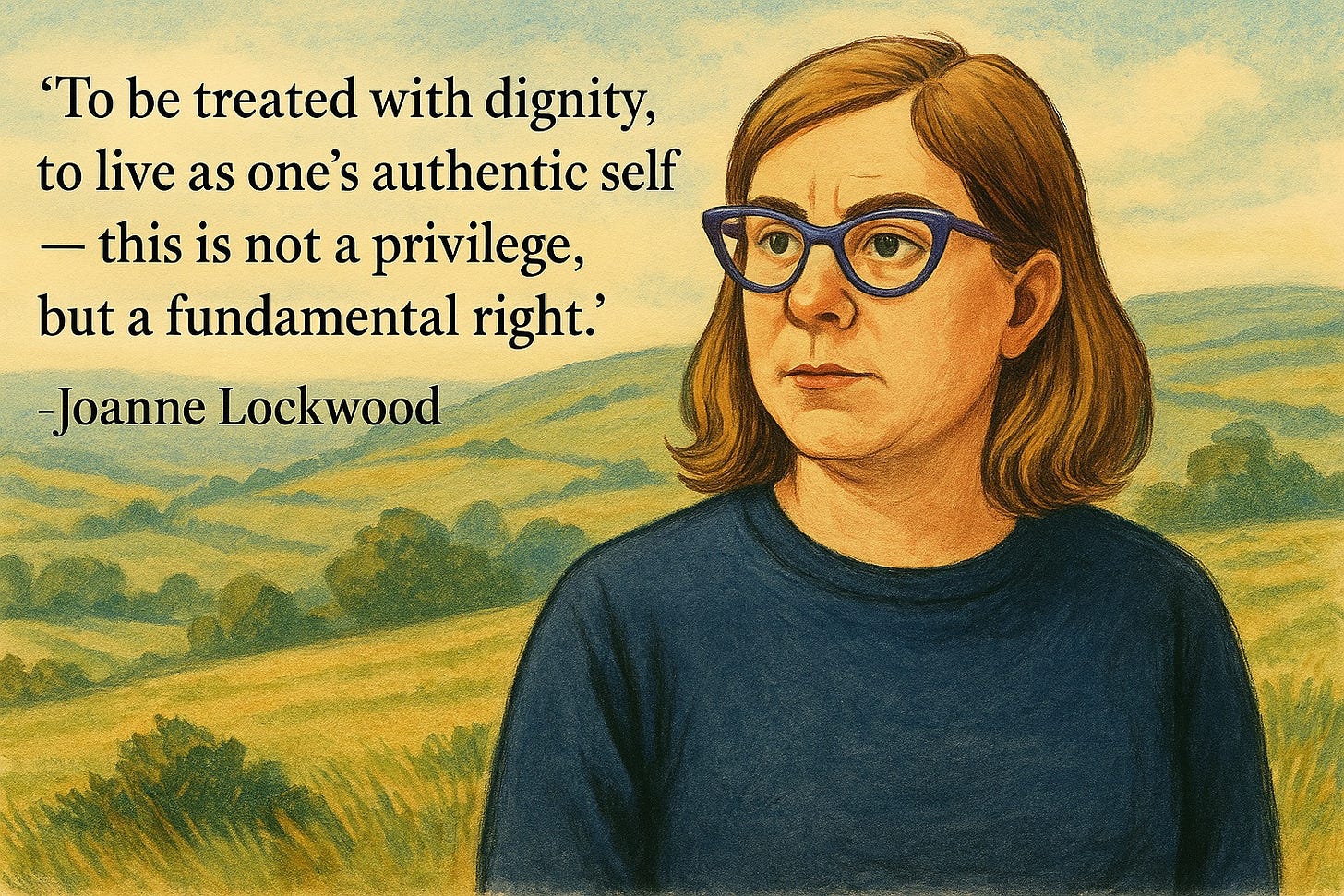 Illustration of Joanne Lockwood standing in a soft, natural landscape with rolling hills and a cloudy sky. She has shoulder-length light brown hair, wears lavender cat-eye glasses, and appears thoughtful and reflective. Overlaid on the image is the quote: “To be treated with dignity, to live as one’s authentic self — this is not a privilege, but a fundamental right.” – Joanne Lockwood.