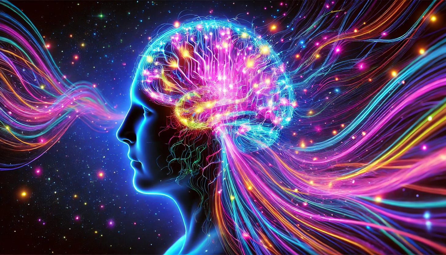 A vibrant, glowing visualization of a human brain with neon colors, neural pathways lit up in a spectrum of electric blues, purples, and pinks. The brain appears connected to a dynamic flow of colorful, abstract energy waves surrounding the head, set against a dark, starry background. The profile view of the human figure shows a calm expression, emphasizing the brain's activity and energy transfer. The image conveys a sense of futuristic technology, creativity, and connection with cosmic or universal energy.