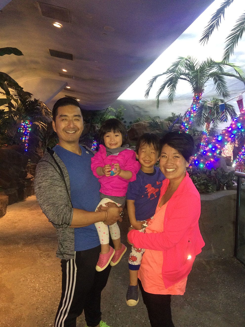Family of four, including cancer survivor Sarah, smiling, parents holding two kids. Family of four, including cancer survivor Sarah, smiling, parents holding two kids.