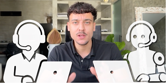 A young man faces the camera in an explanatory video, with a cartoon human customer service rep on one side and a cartoon robot customer service rep on the other. A young man faces the camera in an explanatory video, with a cartoon human customer service rep on one side and a cartoon robot customer service rep on the other.