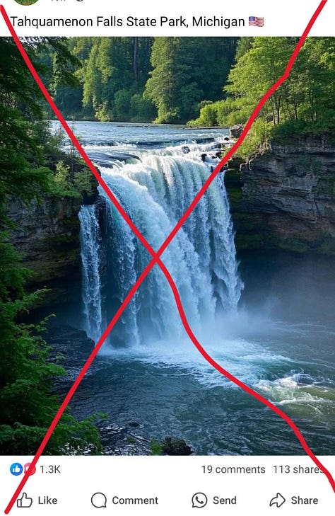 A range of fake, AI-generated photos of places in the Michigan and Wisconsin.