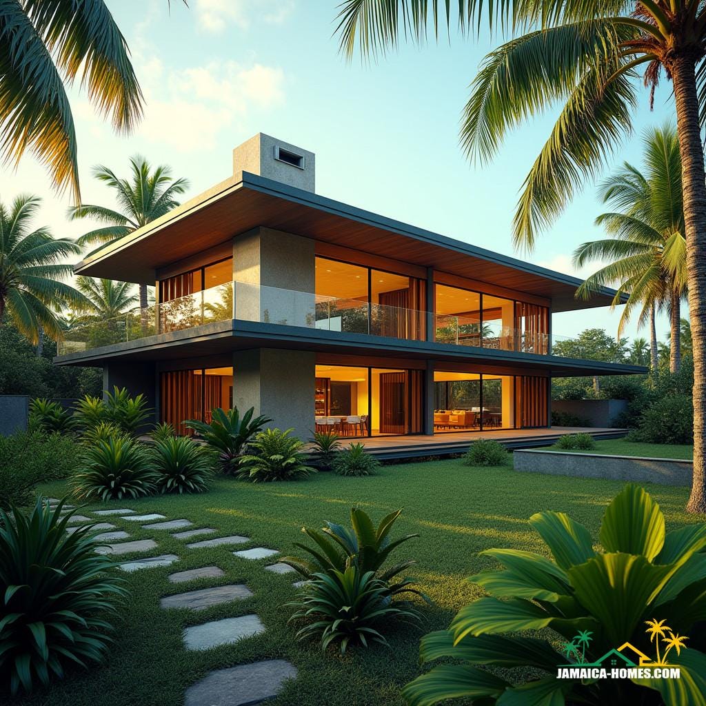 A modern Jamaican home with wide verandas, jalousie windows, and high-pitched roofs, blending colonial-era details with contemporary steel and glass, set amidst vibrant tropical landscaping. Inspired by the works of architects such as David Adjaye, Zaha Hadid, and Philip Johnson, with their use of bold colors and innovative materials.