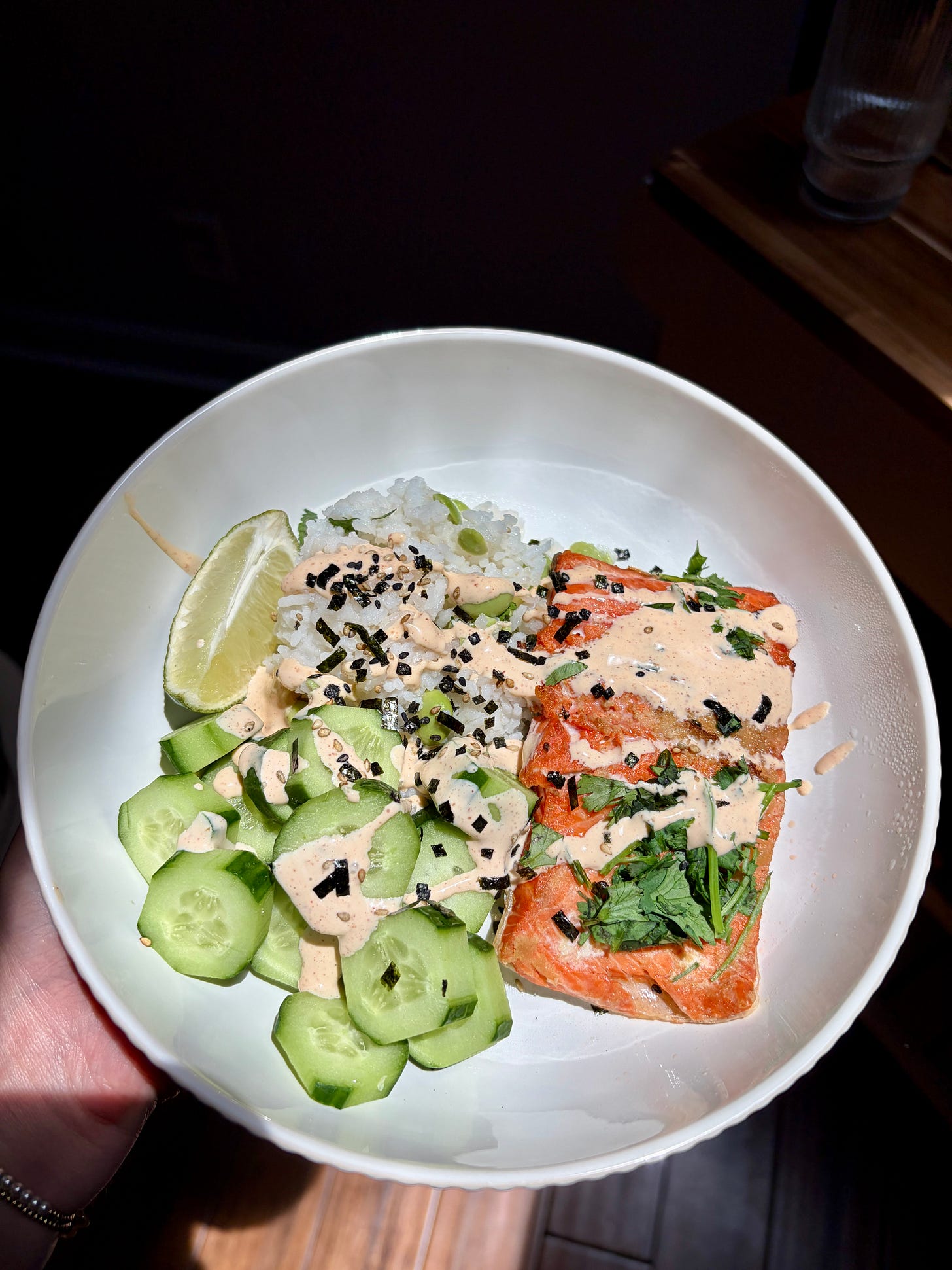 These garlic ginger salmon bowls are made with air fryer salmon, fluffy jasmine edamame rice, fresh cucumber, creamy avocado, and an optional spicy mayo drizzle. A high-protein, gluten-free, dairy-free dinner ready in just 30 minutes — perfect for weeknight meal prep.