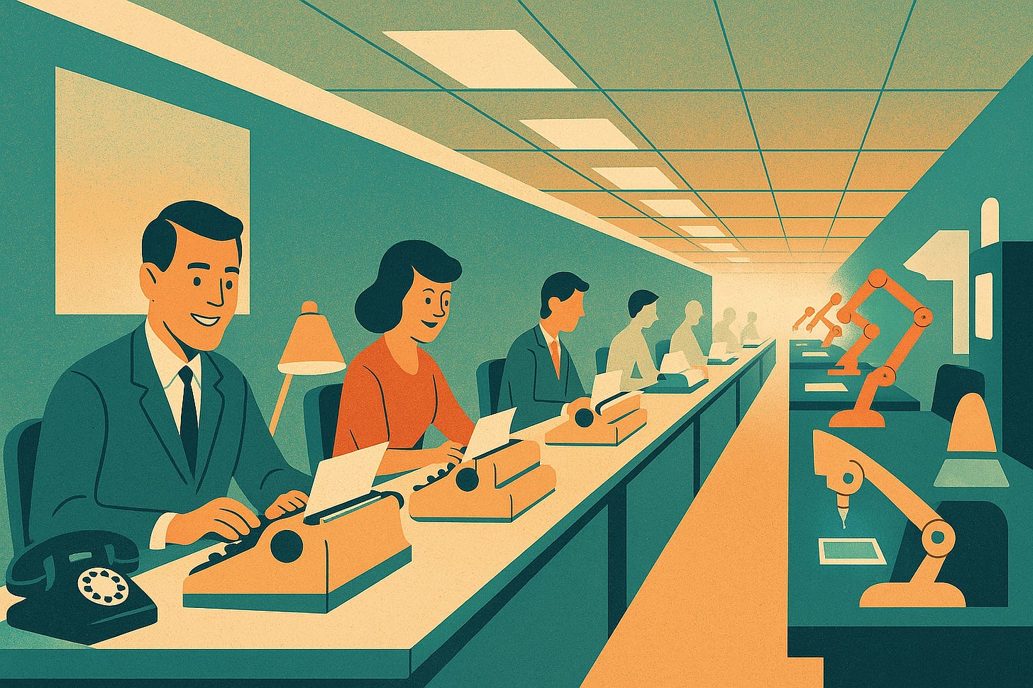 Stylized mid-century illustration of a 1960s office with rows of workers typing at desks that gradually transition into robotic arms and machines, symbolizing automation replacing repetitive work over time.