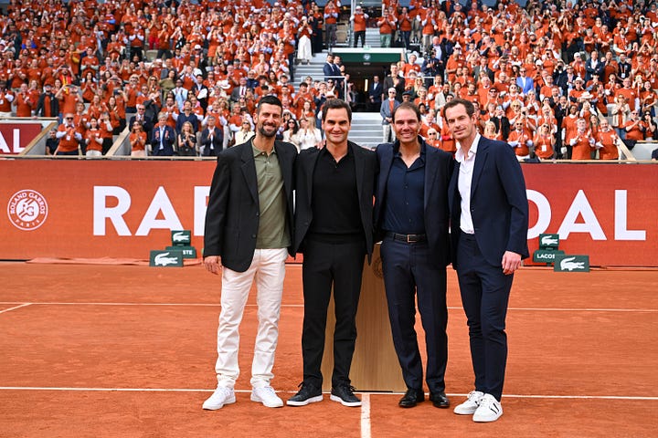 Rafael Nadal, Roger Federer, Novak Djokovic and Andy Murray reunited for Nadal's ceremony at Roland-Garros.