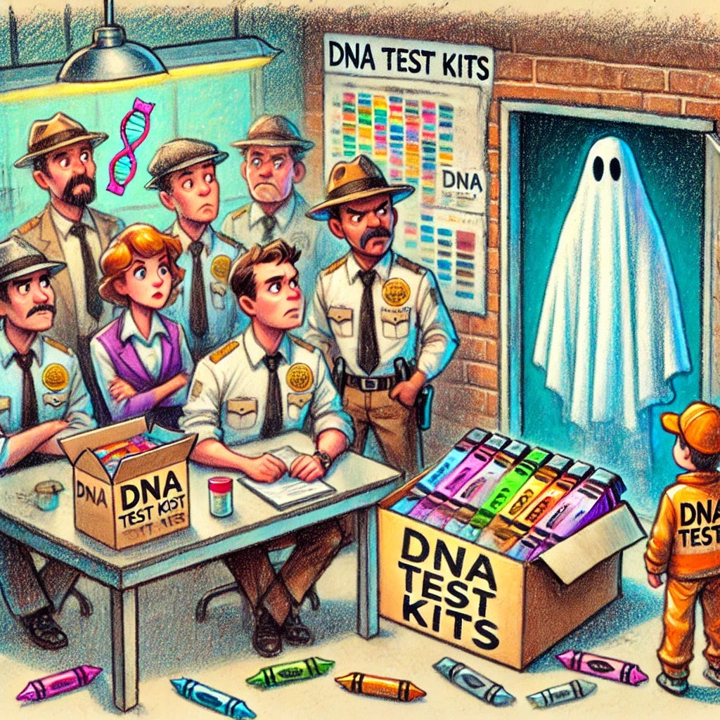 A humorous cartoon illustration of a group of puzzled detectives in a modern forensic lab, drawn with an even stronger crayon-style texture. The image features detectives holding DNA test kits, staring at a ghostly figure who is revealed to be a factory worker holding a box labeled 'DNA Test Kits.' The drawing emphasizes hand-drawn, sketchy details with bold, vibrant crayon lines and shading, giving it a raw, artistic feel that resembles traditional crayon art. The scene includes whimsical and exaggerated expressions, bright colors, and textured backgrounds to enhance the playful atmosphere.