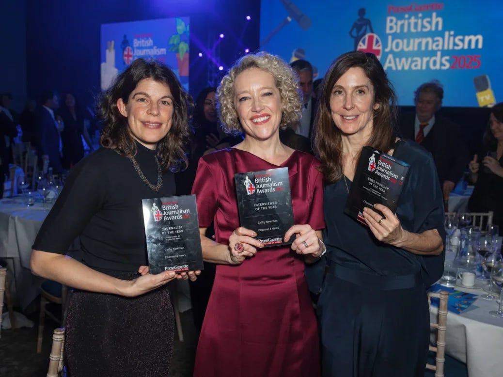 Channel 4 News producer Claire Sinka, presenter Cathy Newman and editor Esme Wren after the British Journalism Awards 2025 holding three trophies
