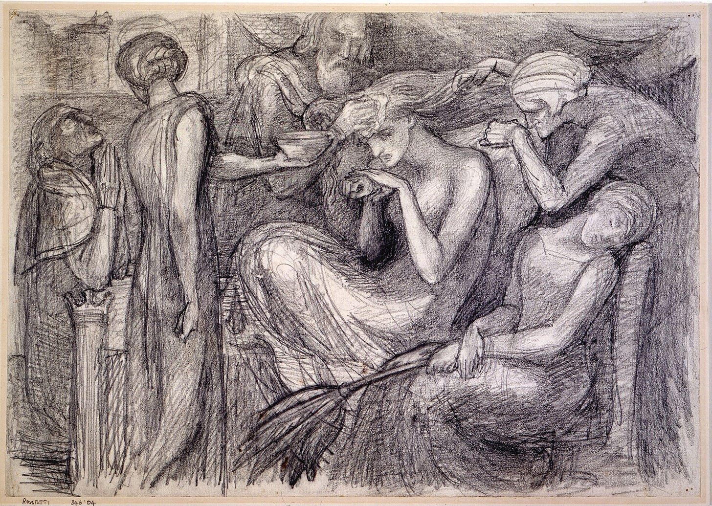 A pencil drawing of a crowded room where a woman with loose hair sits slumped, pressing her hands to her mouth, while an old man offers her a bowl and other women pray or weep around her. A pencil drawing of a crowded room where a woman with loose hair sits slumped, pressing her hands to her mouth, while an old man offers her a bowl and other women pray or weep around her.