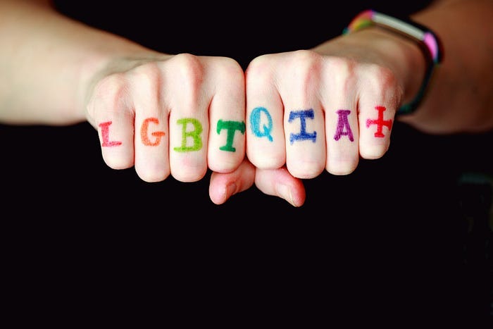 LGBTQIA+ written across the knuckles of a person’s fists. Each letter is drawn in one of the colours of the Pride flag. LGBTQIA+ written across the knuckles of a person’s fists. Each letter is drawn in one of the colours of the Pride flag.