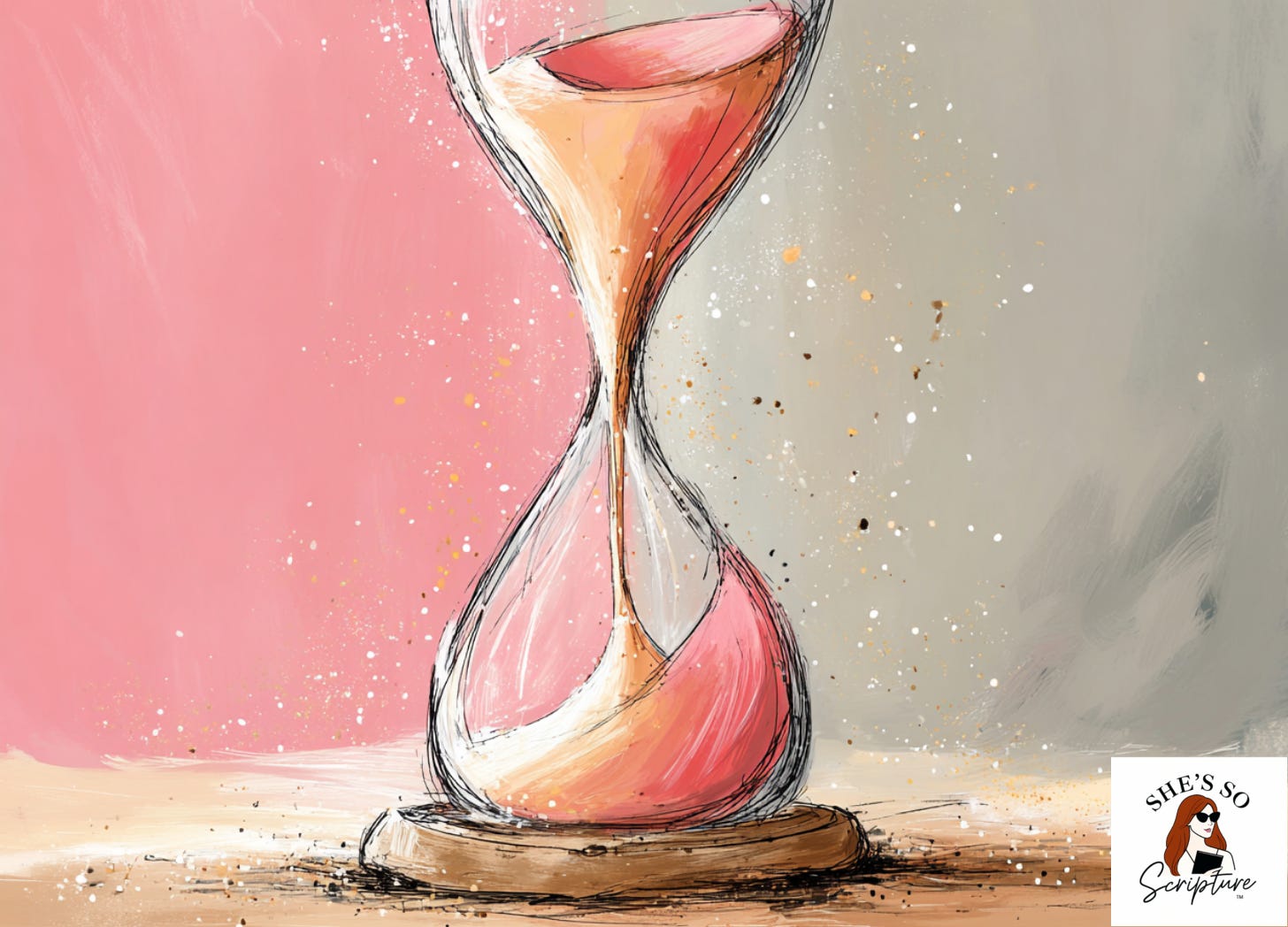An artistic hourglass with golden sand flowing upward against a warm parchment background in soft amber light