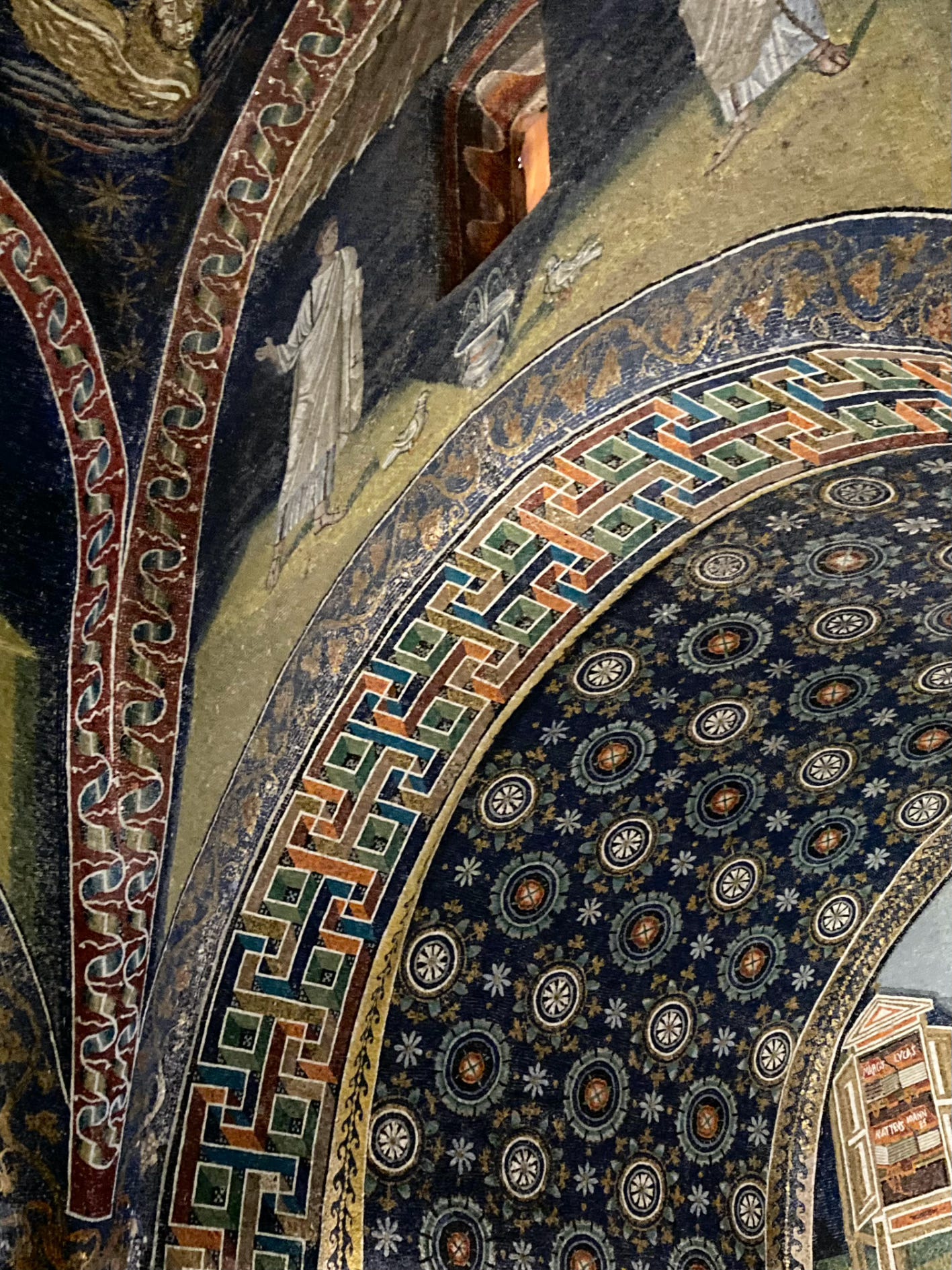 Photo of the mosaic patterns from the inside walls of the Mausoleum of Galla Placidea in Ravenna, Italy.
