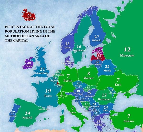 Відсоток населення країн Європи, які мешкають у столицях і околицях столиць. Відсоток населення країн Європи, які мешкають у столицях і околицях столиць.