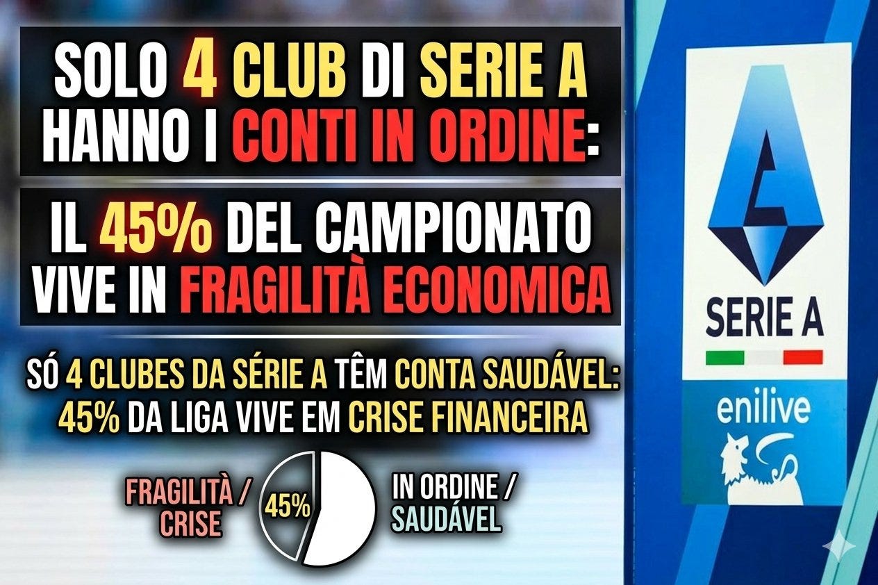 Solo 4 club di Serie A hanno i conti in ordine: il 45% del campionato vive in fragilità economica / Só 4 clubes da Série A têm conta saudável: 45% da liga vive em crise financeira Solo 4 club di Serie A hanno i conti in ordine: il 45% del campionato vive in fragilità economica / Só 4 clubes da Série A têm conta saudável: 45% da liga vive em crise financeira