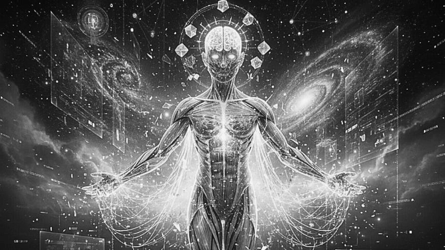A grayscale illustration of a transparent human figure with glowing chakras and cosmic elements.