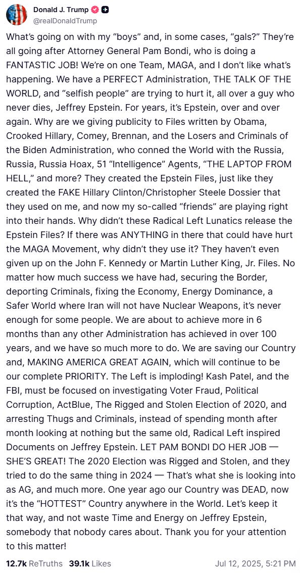 Trump, mensaje en Truth social sobre Epstein