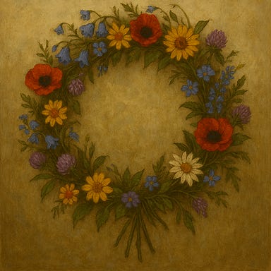 A delicate garland of wildflowers crafted by Vasilka for her flesh golem "brother." The garland is arranged in a soft circular shape, resting on a simple wooden table in the Abbey of St. Markovia. The flowers are humble Barovian varieties—pale blue gentians, white star-shaped blossoms, tiny purple heather, and a few bright yellow meadow blooms. Some petals are slightly bruised, as if handled with great care but imperfect strength. A thin twine of dried grass binds the stems together. Soft candlelight from nearby casts warm highlights across the petals, giving the garland a tender, handmade quality. The atmosphere is quiet, gentle, and subtly melancholic.