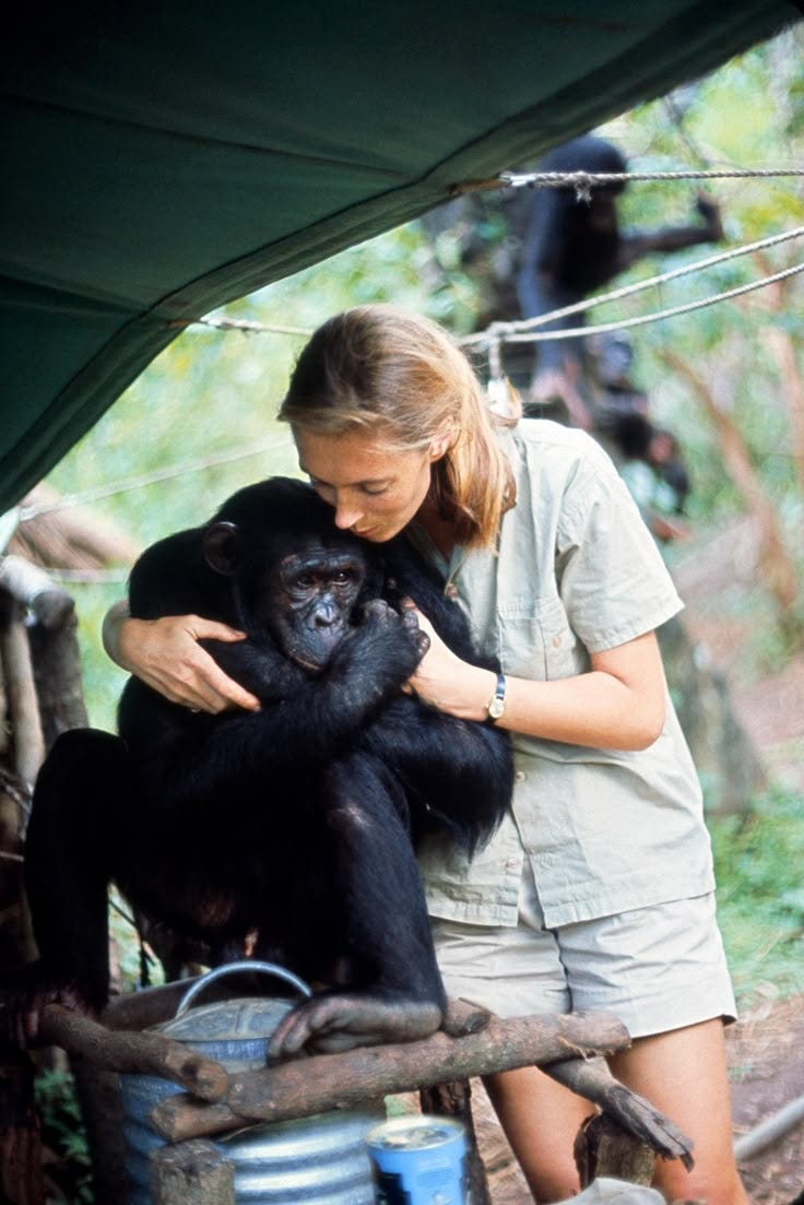 This may contain: a woman holding a black monkey in her arms while standing next to a metal bucket