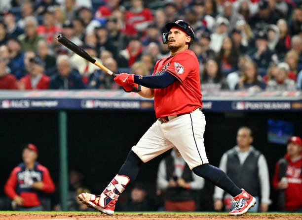 Josh Naylor of the Cleveland Guardians flies out in the fourth inning against the New York Yankees during Game Five of the American League...
