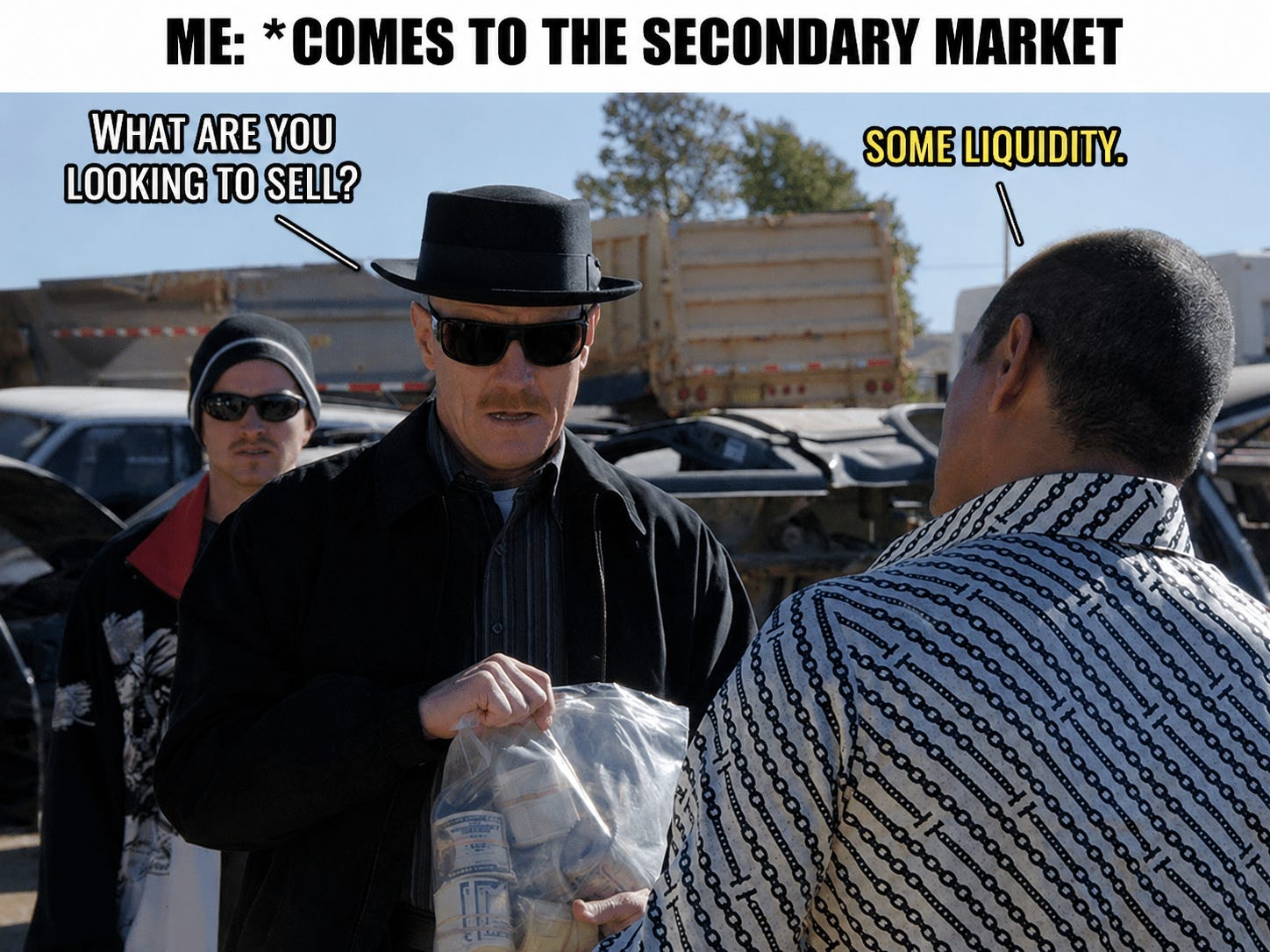 Meme showing a cash exchange resembling a back-alley deal, with dialogue comparing a founder seeking startup liquidity to someone arriving at the secondary market.