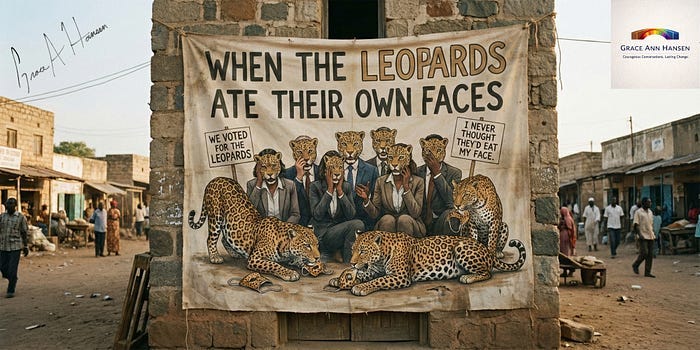 A room full of people wearing leopard masks, watching three actual leopards eat leopard faces, hoping they’re not next. Caption: When the Leopard Ate Their Own Faces by Grace Ann Hansen