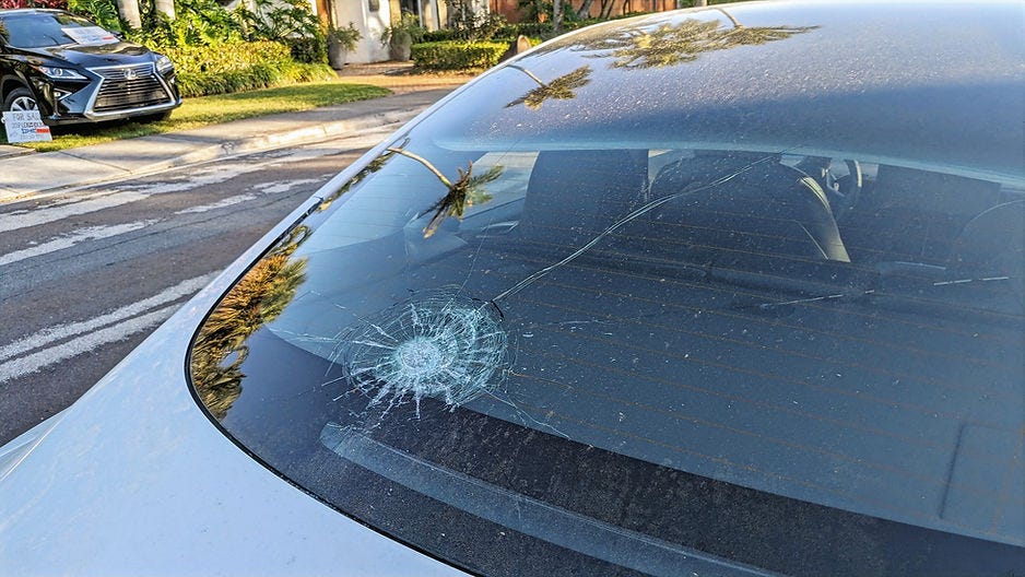 Car parked on the west side of Lakeside Drive was struck by a golf ball in 2024. (PER LORENTZEN)