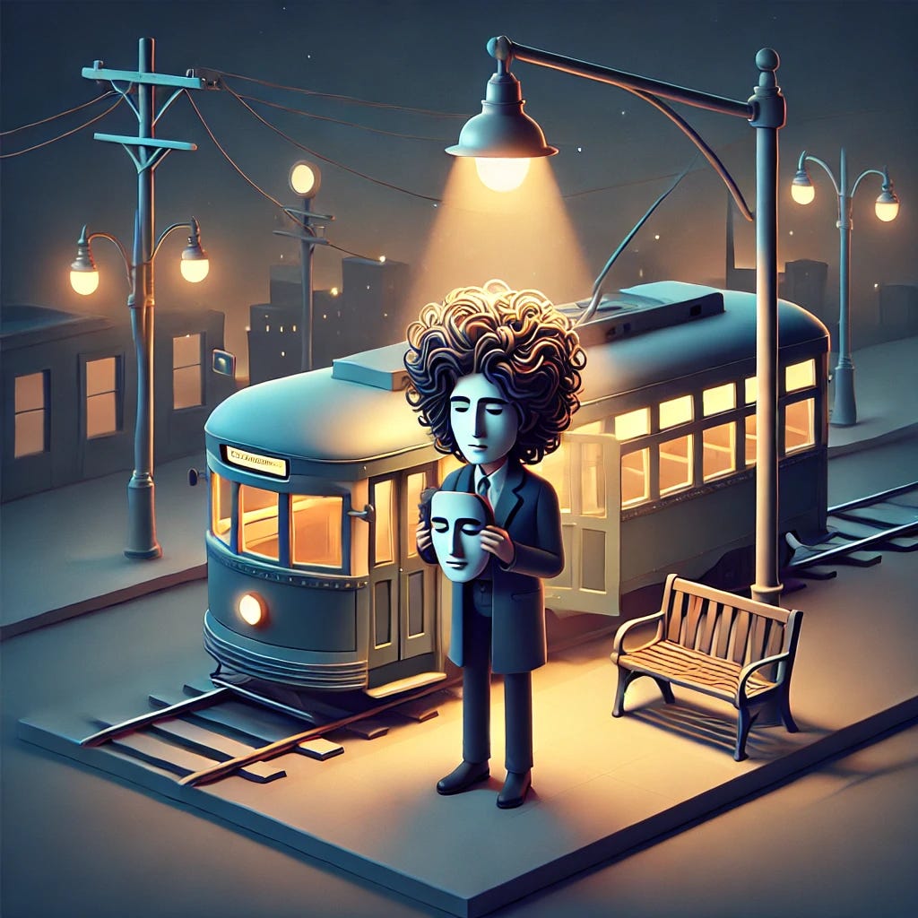 A 3D isometric minimalist illustration of Bob Dylan standing on a vintage streetcar under a glowing lamppost at night. He has wild, frizzy hair that adds a sense of energy and chaos to the scene. In his hands, he holds a mask of his own face, symbolizing mystery and introspection. The streetcar is detailed but simple, and the lamppost casts a warm light over the scene. The background features a subtle urban setting with muted tones. The overall style is whimsical, modern, and artistic, with clean lines and a minimalist aesthetic.