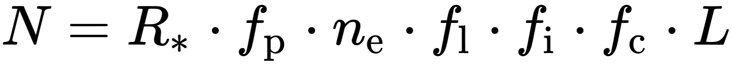 {\displaystyle N=R_{*}\cdot f_{\mathrm {p} }\cdot n_{\mathrm {e} }\cdot f_{\mathrm {l} }\cdot f_{\mathrm {i} }\cdot f_{\mathrm {c} }\cdot L}