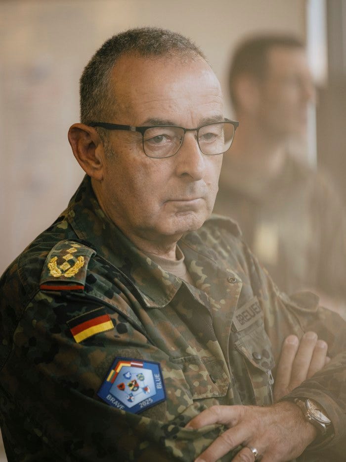 Inspector General of the Bundeswehr Carsten Breuer in uniform, being briefed about the Brave Blue 2025 exercise. Inspector General of the Bundeswehr Carsten Breuer in uniform, being briefed about the Brave Blue 2025 exercise.