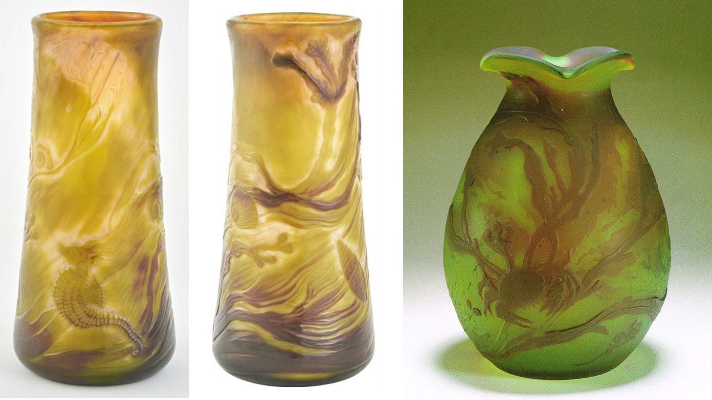 Left, Émile Gallé, Marine vase with a seahorse, Doyle, The Collection of Dr Thomas Chua, 03.02.2022, lot 86 ; right, Crabs among algae, Ader Picard Tajan sale in Tokyo, 04.03.1990 lot 54. Left, Émile Gallé, Marine vase with a seahorse, Doyle, The Collection of Dr Thomas Chua, 03.02.2022, lot 86 ; right, Crabs among algae, Ader Picard Tajan sale in Tokyo, 04.03.1990 lot 54.